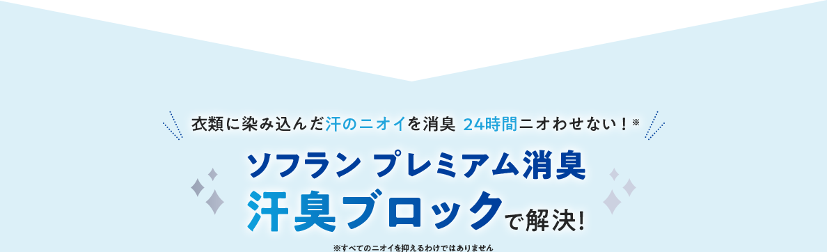 衣類に染み込んだ汗のニオイを消臭 24時間ニオわせない！※ ソフランプレミアム消臭 汗臭ブロックで解決！ ※すべてのニオイを抑えるわけではありません